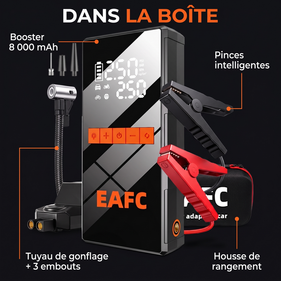Dans la boîte : booster 8 000 mAh, pinces intelligentes, tuyau de gonflage et 3 embouts, housse de rangement