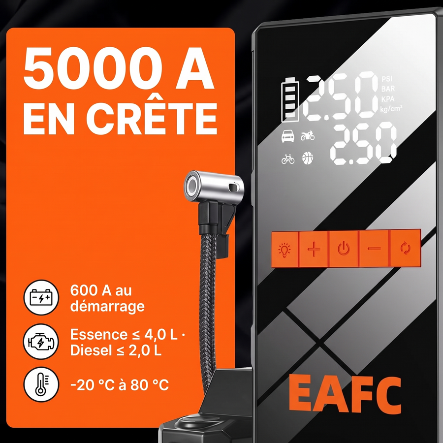 5000 A en crête, 600 A au démarrage, essence jusqu'à 4,0 L et diesel jusqu'à 2,0 L, de -20 °C à 80 °C