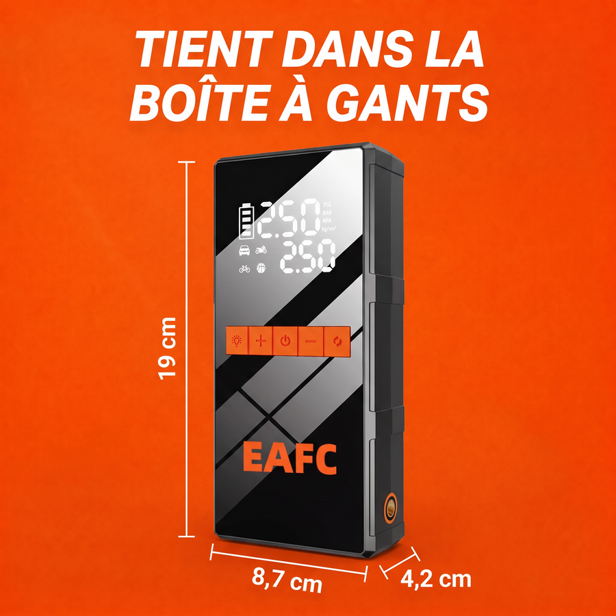 Dimensions du booster : 19 cm x 8,7 cm x 4,2 cm, tient dans la boîte à gants