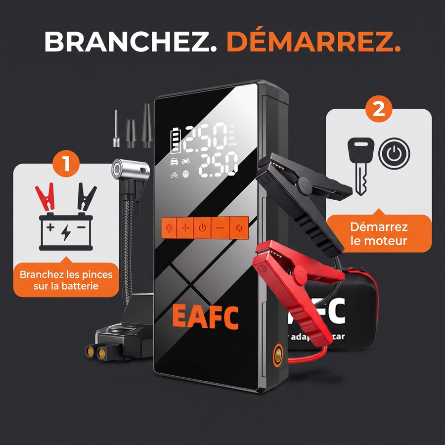 Utilisation en 2 étapes : branchez les pinces sur la batterie, démarrez le moteur