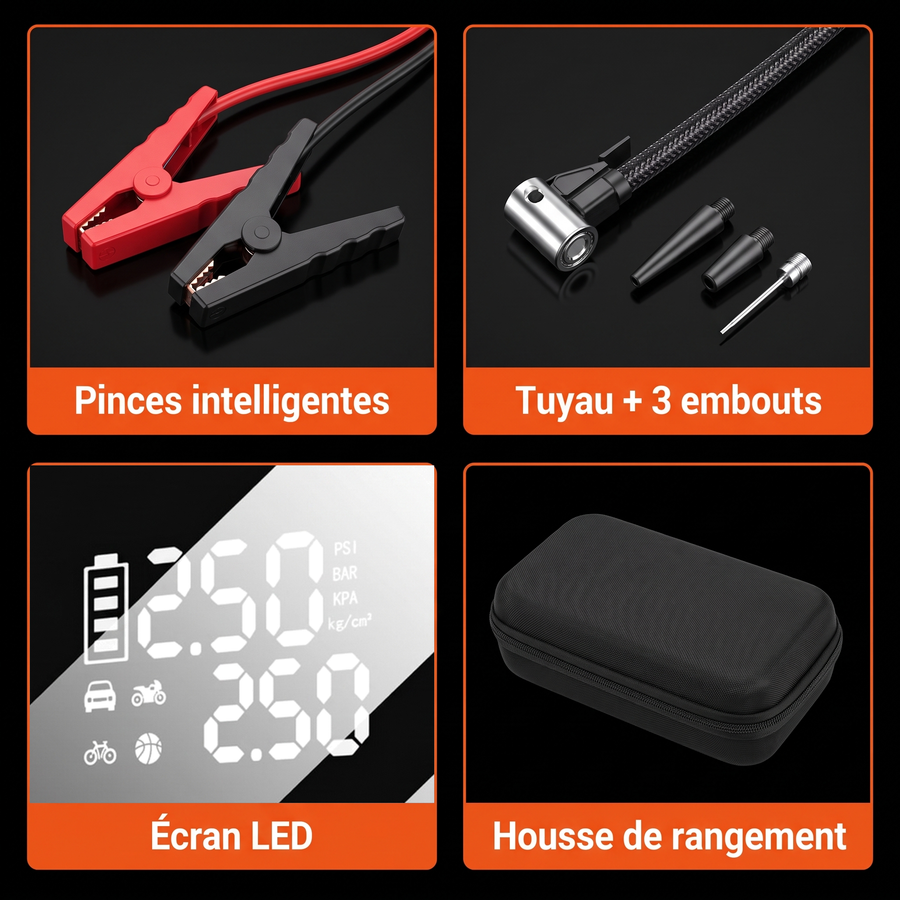 Détails du booster : pinces intelligentes, tuyau et 3 embouts, écran LED, housse de rangement