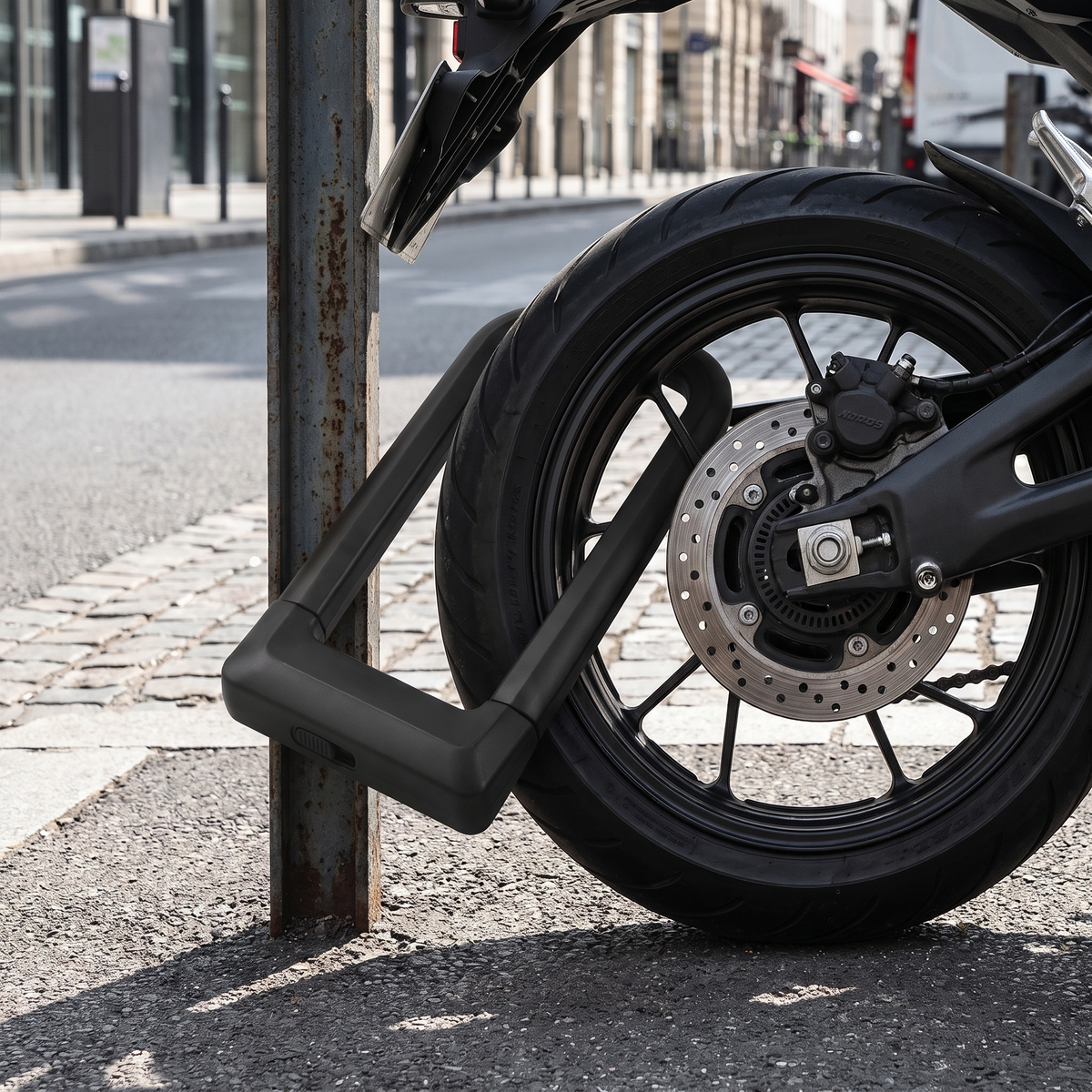 Antivol U KobraLock Moto verrouillé sur la roue arrière et un point fixe - Lifestyle