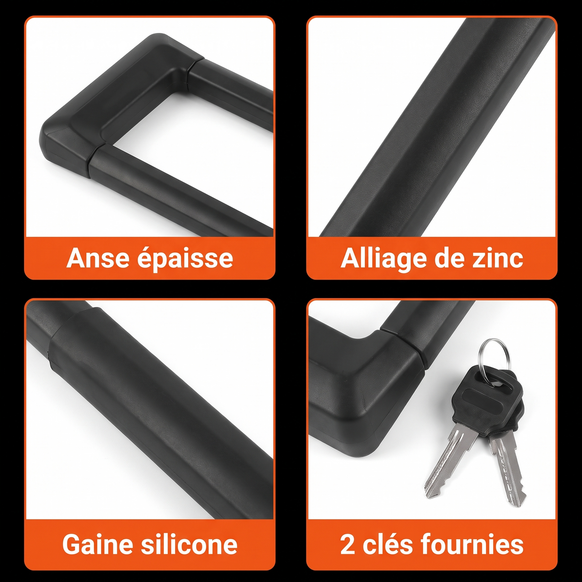Antivol U KobraLock Moto - 4 détails : anse épaisse, alliage de zinc, gaine silicone, 2 clés