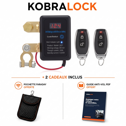 Coupe-batterie KobraLock - 2 cadeaux inclus : pochette Faraday offerte, guide anti-vol PDF offert